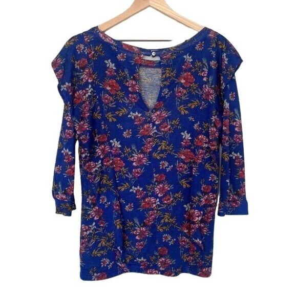 Free People Large Boho Floral 3/4 Sleeve Ruffle Shirt Blue Dock Street - Picture 6 of 9
